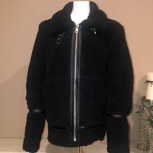 Black Teddy High Pile Fleece Contrast Piping Aviator Jacket Size Medium